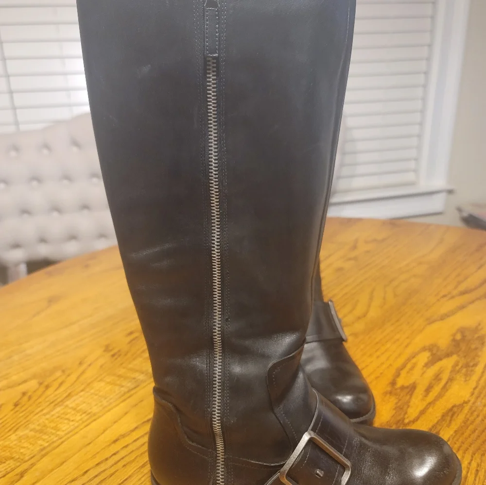 Nine West Black Genuine Leather Buckle Moto Tall Zip Riding Boots